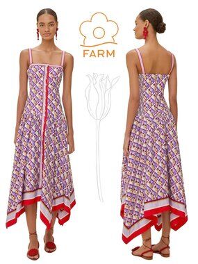 Farm Rio Multicolor Graphic Pineapple Scarf Organic Cotton Midi Dress